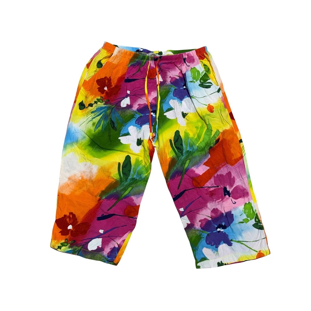 Jams World Crop Pants Womens L Floral Tropical Wide Leg Pull On Capri - Picture 2 of 11